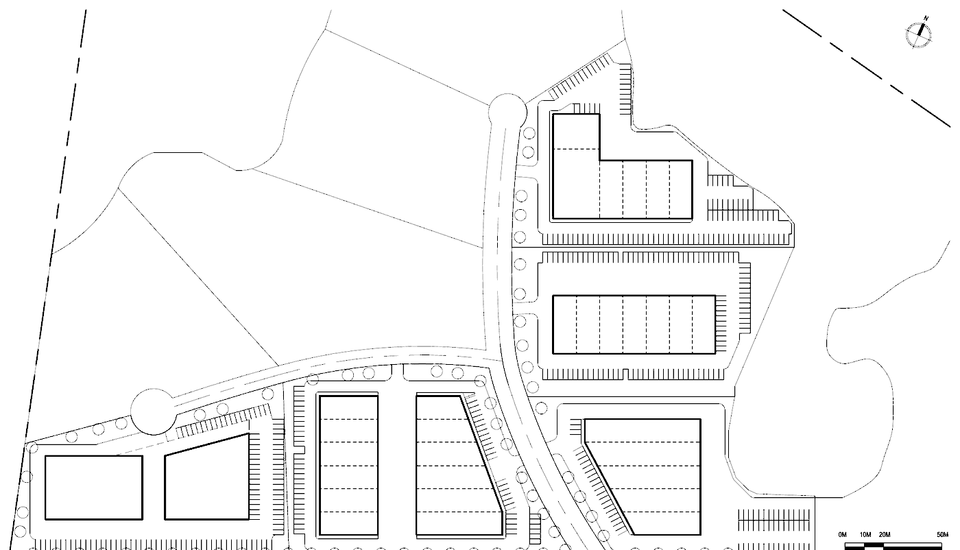 Concept site plan of the Whitchurch-Stouffville campus showing seven buildings, internal roads and parking